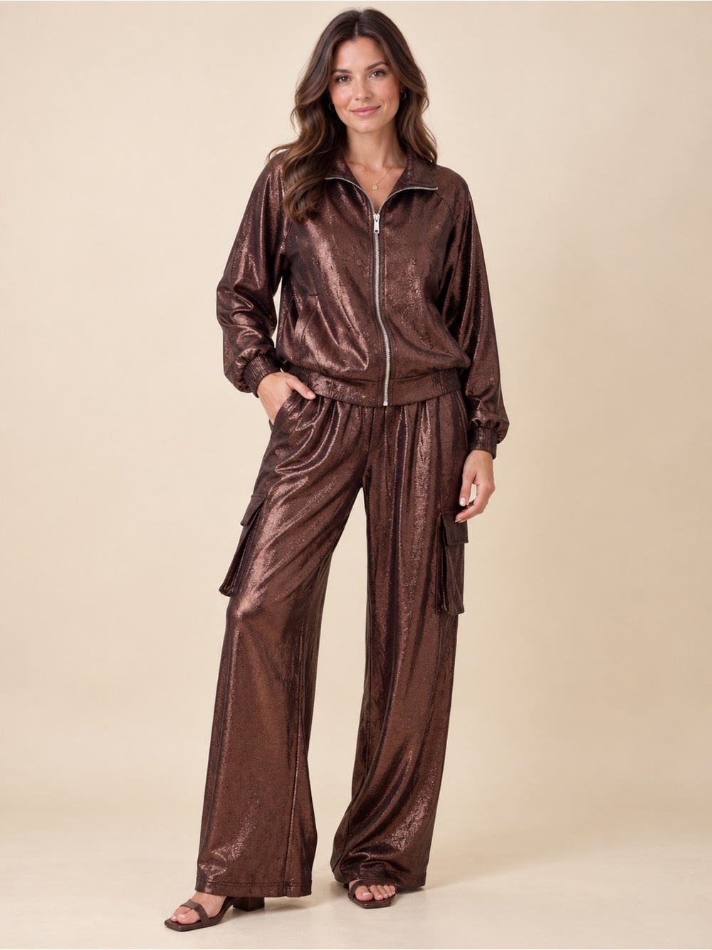 Metallic Bronze Brown Full-Zip Collared Jacket - Picture 7 of 8